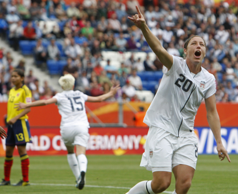 United States' Abby Wambach celebrates after Megan Rapinoe's goal today against Colombia in women's World Cup action at Sinsheim, Germany. The U.S. won 3-0 to improve to 2-0 in the tourney.