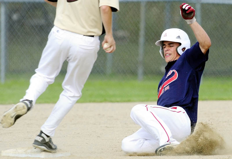 CLOSE, BUT OUT: Augusta baserunner Luke Duncklee is forced out at second base as the Brewer shortstop steps on the bag Saturday during an American Legion baseball state tournament game in Augusta.