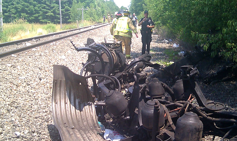 Wreckage from the truck that was struck by the Downeaster this morning.