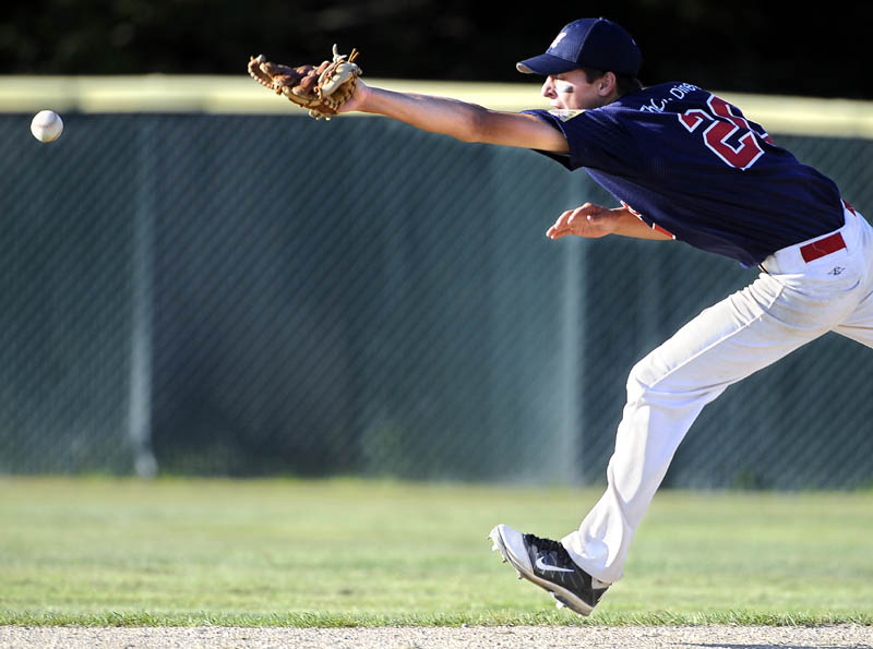 OUT OF REACH: Augusta Legion second baseman Chandler Shostak can’t catch a line drive against Gayton Post during the American Legion state championship game Sunday in Augusta.