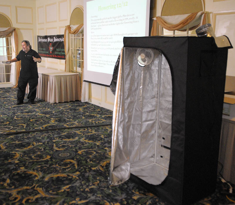 Ray Logan teaches Marijuana State University on Saturday afternoon in Augusta. He gave a Powerpoint presentation and also had a booth used to grow plants and other items on display, but had no plants or processed marijuana there.