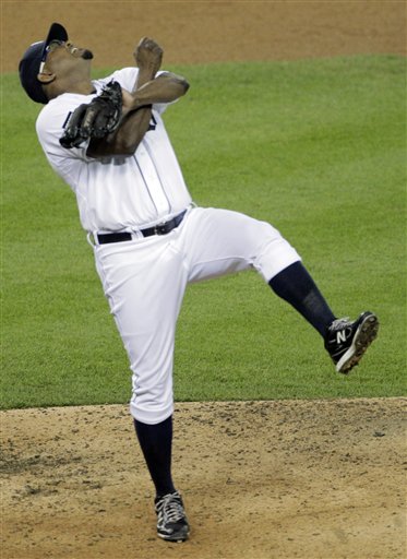 Detroit Tigers relief pitcher Jose Valverde reacts after the last out in the ninth inning of Game 3 of the ALCS Tuesday in Detroit.