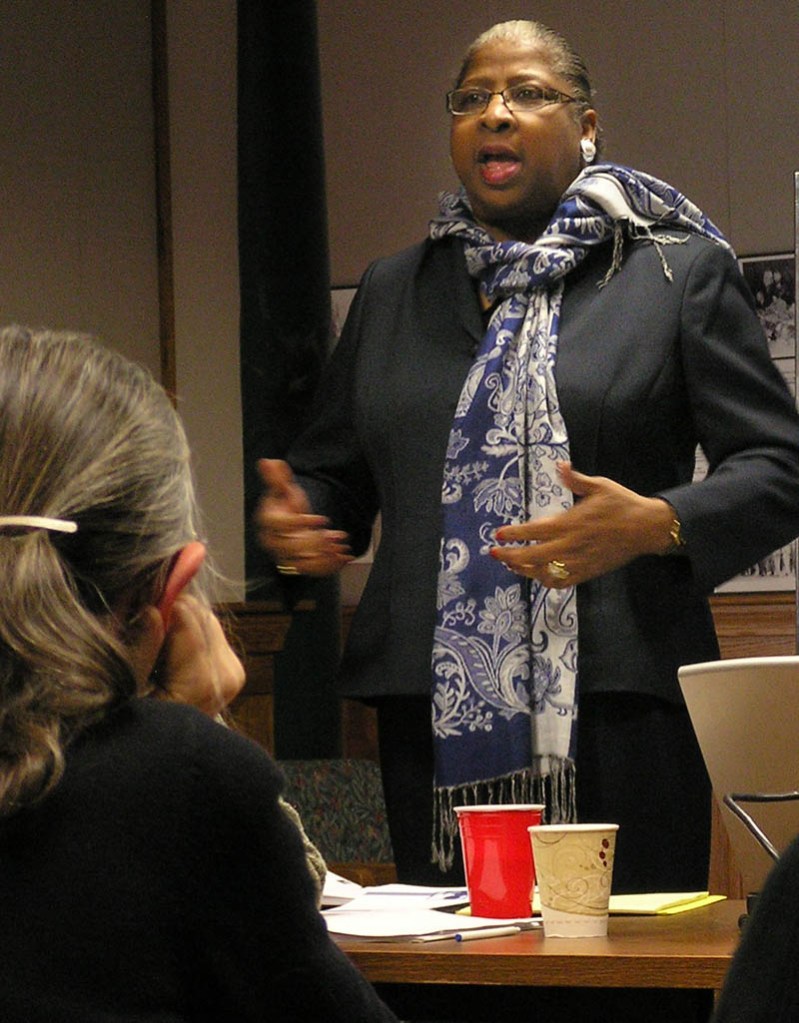 TRAINING SESSION: Dee Dee Coleman, pastor of the Russell Street Missionary Baptist Church in Detroit, Mich., and founder of Wings of Faith, Inc., speaks to about 20 people Friday morning at Good Will-Hinckley in Fairfield during a training session for a new Maine Prison Chaplaincy Corps.