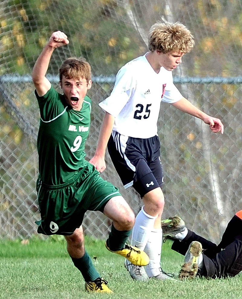 Staff photo by Michael G. Seamans Mt. View High School's James Philbrick, 9, celebrates after scoring a goal against Winslow High School in the first half in an Eastern B quarterfinal game at Kennebec Savings Bank Field in Winslow. Mt. View won 3-0.