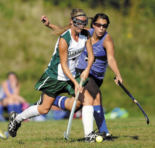 CHASING IT DOWN: Winthrop High School’s Lauren Kaiser, left, will lead the second-ranked Ramblers against top-ranked Dexter in the Eastern Class C regional title game at 3:30 p.m. today at Hampden Academy. The last time the teams met, Dexter defeated Winthrop in the playoffs on penalty corners last season.