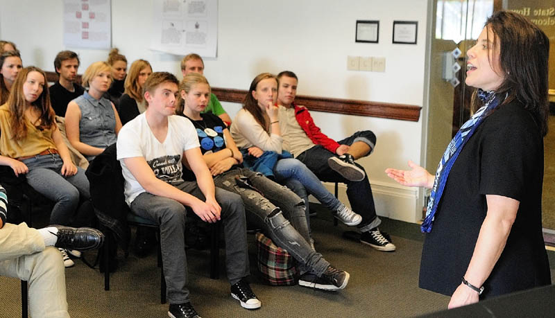 POLITICAL LESSONS: State Rep. Maeghan Maloney, D-Augusta, speaks Tuesday to a group of visiting European students in the State House's Welcome Center in Augusta. The group from Denmark and some Baltic states toured the building and then spent the afternoon hearing from speakers about the American political system.