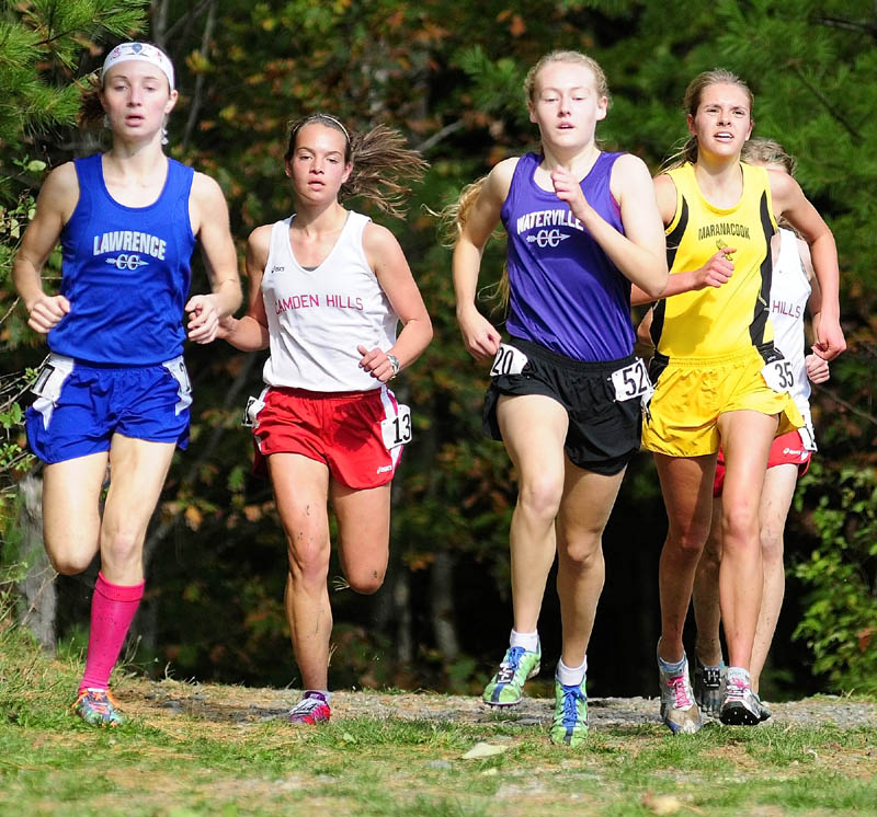 Left to right, Lawrence's Erzsie Nagy, Camden Hills' Brittany Bowman, Waterville's Bethanie Brown and Marancacook's Abby Mace were the early leaders during KVAC championship race Saturday morning in Augusta.