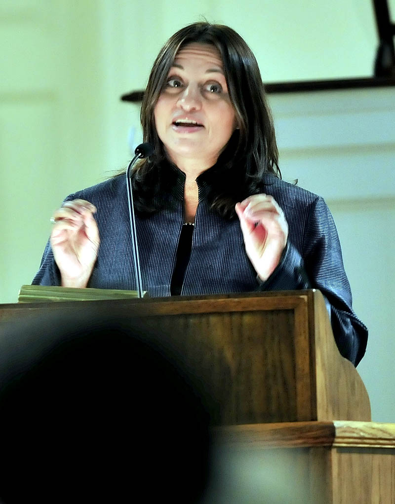 National Public Radio foreign correspondent Soraya Sarhaddi Nelson expresses her gratitude at being selected for this year's Lovejoy Award for journalism during the 59th Elijah Parish Lovejoy convocation on Sunday at Colby College in Waterville.