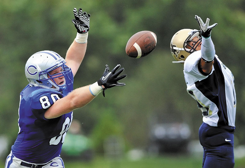 BIG GAME ON TAP: Spencer Merwin, left, and the Colby College football team will travel to Brunswick to play Bowdoin in the final game of the regular season.