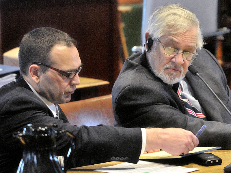 TRIAL BEGINS: Raymond Bellavance Jr., left, and his attorney Andrews Campbell confer in Kennebec County Superior Court in Augusta this morning. Bellavance is accused of burning down the Grand View Topless Coffee Shop in Vassalboro in 2009. This was the first day of his trial on arson charges.