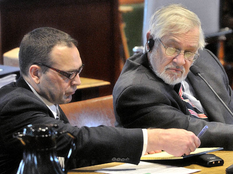 Raymond Bellavance Jr., left, and his attorney Andrews Campbell confer in Kennebec County Superior Court in Augusta Wednesday morning. Bellavance is accused of burning down the Grand View Topless Coffee Shop in Vassalboro in 2009. This was the first day of his trial on arson charges.