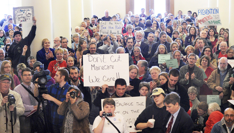 Protesters filled the Hall of Flags at the State House in Augusta on Wednesday.