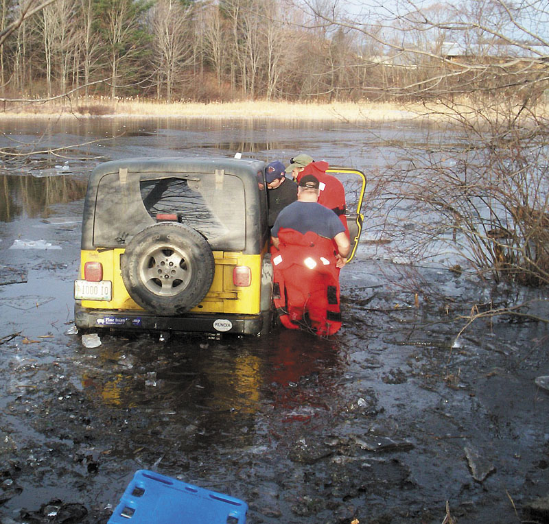 A 2002 Pontiac four-door car driven by Ruth Langdon, 61, was hit from behind by a Jeep driven by Clinton Hanna, 26, at 8:30 a.m. Monday on Route 27 in Belgrade. Hanna’s Jeep spun across the southbound lane of Route 27, then landed on its wheels partially submerged in Belgrade Stream. sp11-094442 10-55 121911