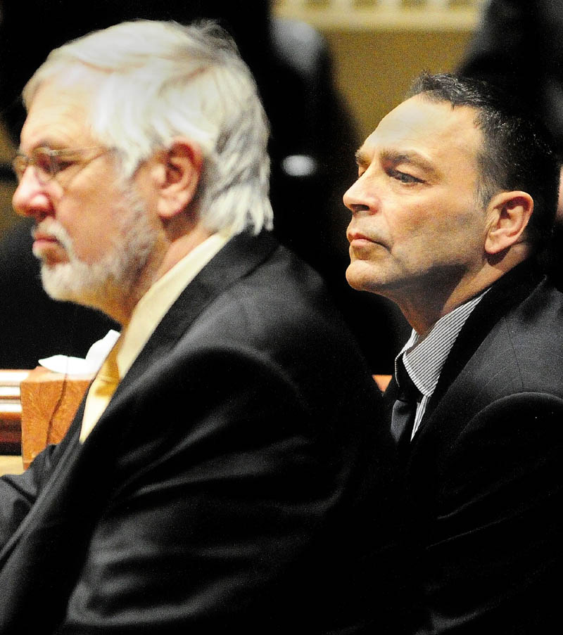 Staff photo by Joe Phelan Andrews Campbell, the defense attorney for Raymond Bellavance Jr. listen to the verdict as a jury found him guilty Friday of two charges of arson related to a June 3, 2009, fire that destroyed the Grand View Topless Coffee Shop in Vassalboro. The verdict came about 5:50 p.m. � after more than five hours of deliberation � on the 10th day of Bellavance's trial in Kennebec County Superior Court and after almost four hours of deliberation.Kennebec County Superior Court in Augusta.