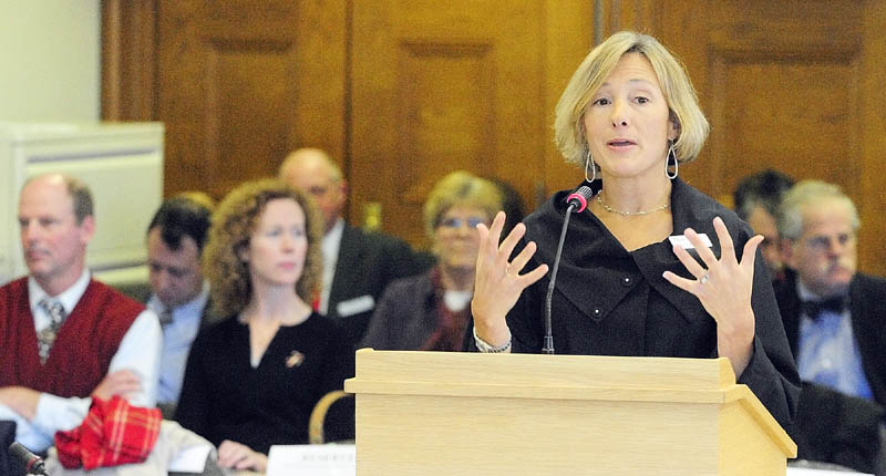 FINAL DAY OF HEARINGS: Katie Fullam Harris, senior director of government and employer relations at MaineHealth, testifies on the third day of a public hearing on Gov. Paul LePage’s proposed Department of Health and Human Services budget cuts Friday at the State House in Augusta.