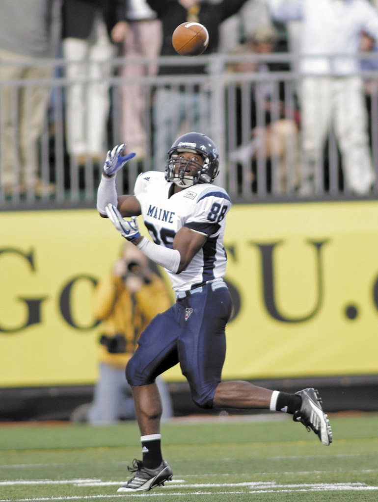 MOVING ON: Maine’s Damarr Autman (88) catches a pass for a touchdown during the first half the Black Bears’ second-round win over Appalachian State in the FCS playoffs Saturday in in Boone, N.C.