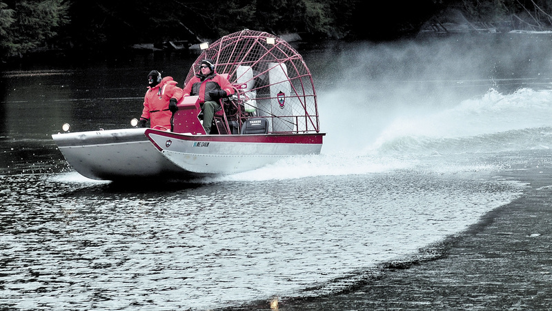 Searchers in a Maine Warden Service airboat motor on the ice- covered Messalonskee Stream in Waterville on Monday in search of missing 20-month-old Ayla Reynolds. The search area was concentrated below the dam near Western Ave., a short distance from Reynold's home on Violette Ave.