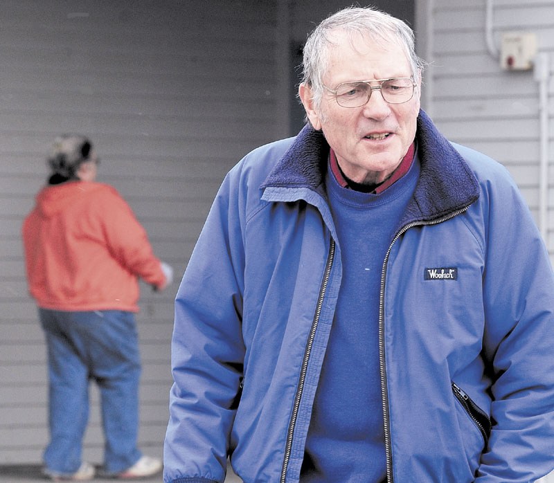 CHANGES: Starks First Selectman Paul Frederic talks outside of the Starks Community Center on Tuesday regarding the vote to remove Starks schoolchildren from School Administrative District 59 to the Mt. Blue Regional School District.