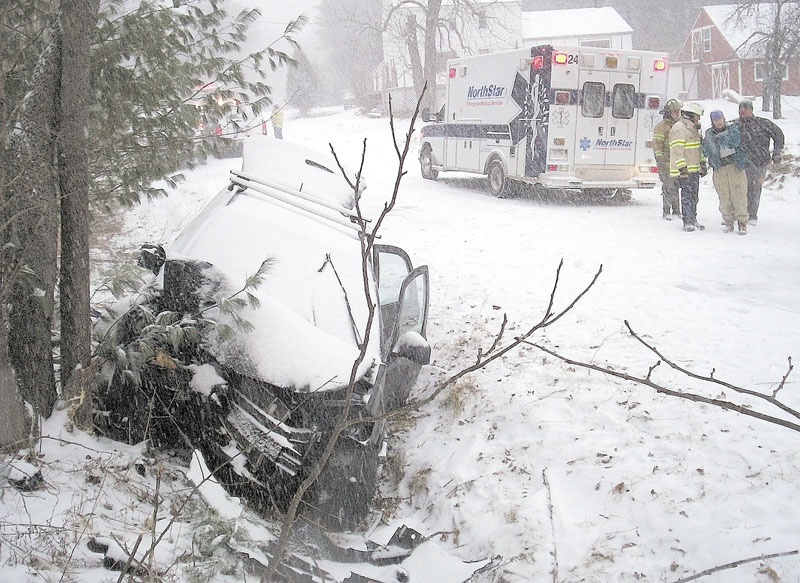 DEADLY CRASH: This photo from the Maine State Police shows the accident scene in Vienna that killed 74-year-old Patricia Tardif of Jay. SP12-002546FATAL011212