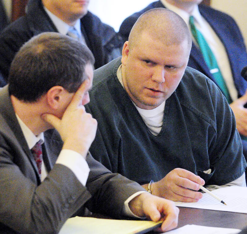 Attorney Kevin Sullivan, left, sits with Peter George Bathgate II, who pleaded guilty Friday in Kennebec County Superior Court to intentional and knowing murder of Paul Allen. Bathgate will spend 45 years in prison.