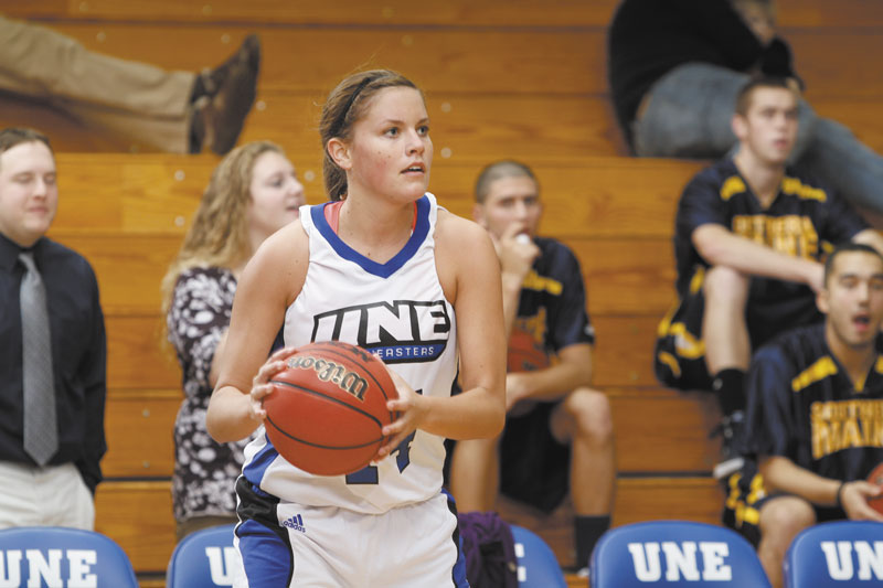 Stepping up: Newport native and former Nokomis Regional High School standout Kelley Paradis is one of the leaders on the University of New England women’s basketball team. Paradis leads the team with 16.3 points agame. She also averages three steals.