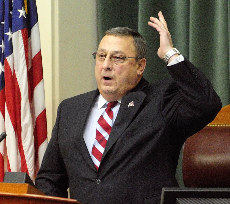 Gov. Paul LePage gives his first State of The State address to a joint session of the Maine House and Senate he on Tuesday night at the State House in Augusta.