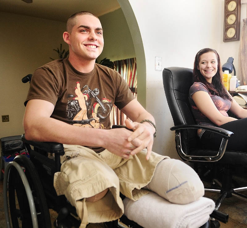 DETERMINED: Jeremy Gilley, left, and his girlfriend Rachael Turcotte answer questions during an interview at his parent’s home in Palermo.