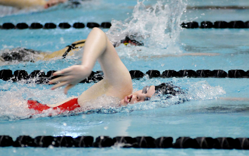 Libby Gajewski of McAuley finished third in the 500-yard freestyle in 5 minutes, 32.59 seconds. Amealia Deady of Waynflete was the winner in the event.