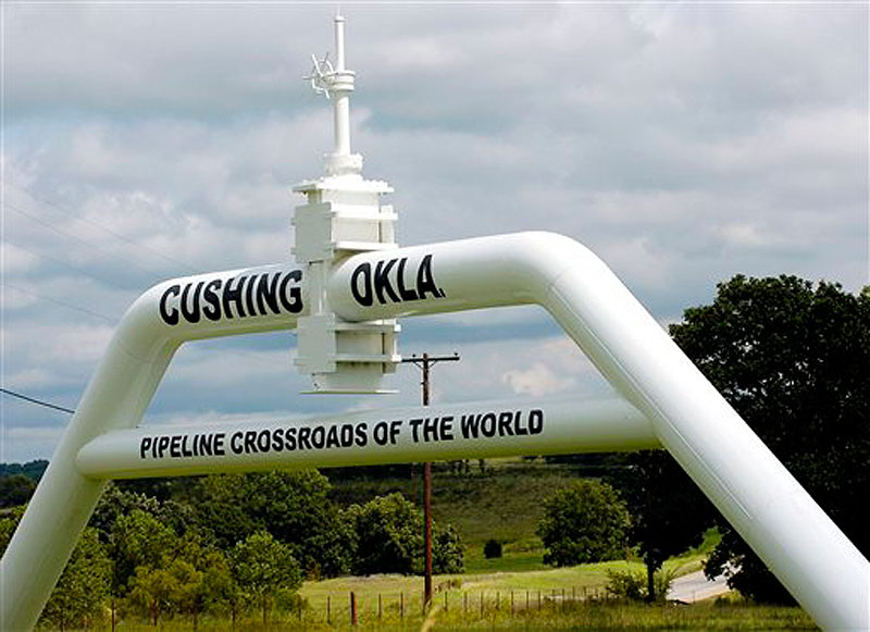 In this Sept. 15, 2005 file photo, the marker that welcomes commuters to Cushing, Okla. is seen. Canadian company TransCanada says it will build an oil pipeline from Oklahoma to Texas after President Barack Obama blocked the larger Keystone XL pipeline from Canada. The company says the new project does not require presidential approval since it does not cross a U.S. border. The shorter pipeline is expected to cost about $2.3 billion and be completed in 2013. The Obama administration had suggested development of an Oklahoma-to-Texas line to alleviate an oil glut at a Cushing, Okla., storage hub. (AP Photo/The Oklahoman, Matt Strasen, File)