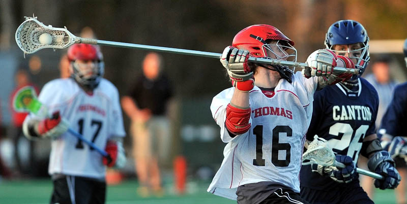 READY, AIM, SHOOT: Thomas College’s Gunnar Shelton (16) winds up for a shot against SUNY-Canton in the first period during Wednesday’s game at Bill Alfond Field at Colby College in Waterville.