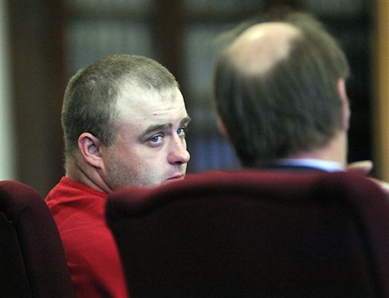 Allen Prue is seen in court Wednesday, March 28, 2012 in St. Johnsbury, Vt. The snow plow driver and his wife are being charged in connection with the killing of a Vermont prep school teacher, who police say was strangled. Thirty-year-old Allen Prue of Waterford and his 33-year-old wife Patricia Prue are facing 2nd degree murder charges in connection with the killing of Melissa Jenkins.(AP Photo/Caledonian Record, Michael Beniash)