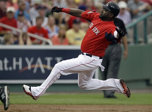 Boston Red Sox' David Ortiz takes a running leap as he advances to third on a single by teammate Ryan Sweeney during the second inning of a spring training baseball game against the New York Yankees in Fort Myers, Fla., Thursday, March 22, 2012. (AP Photo/Charles Krupa)