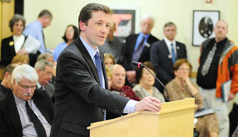 Commissioner of Education Steve Bowen testifies in a crowded hearing room before the Legislature's Education Committee about LD 1858 "An Act to Ensure Effective Teaching and School Leadership," on Wednesday afternoon in the Cross State Office Building in Augusta.