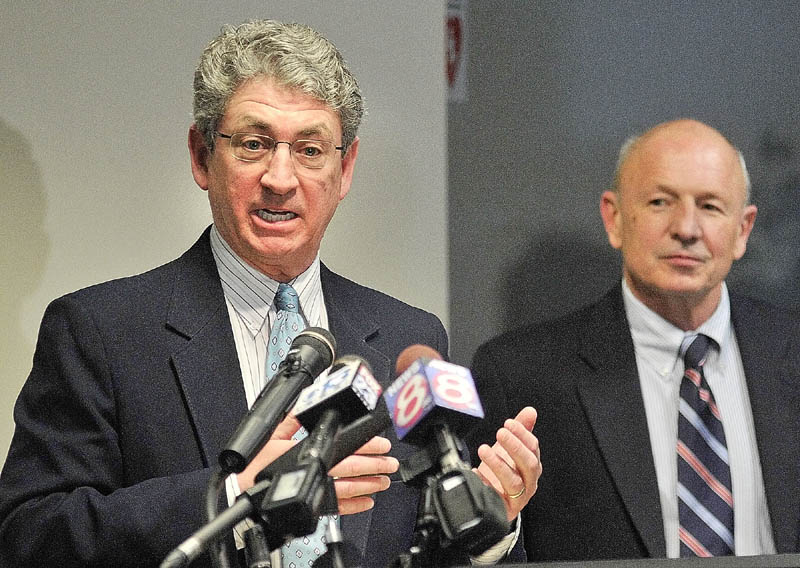Augusta Mayor William Stokes, left, answers questions as Portland Mayor Michael Brennan, right, listens during a news conference at The State House on Thursday in Augusta. A group of mayors from the state's largest cities announced the formation of a Mayors Coalition on Jobs and Economic Development, they said their top priority is fighting the general assistance cuts, which could save the state nearly $6 million. Mostly state funded, general assistance provides emergency help — often in the form of housing — to people in need. The state spent $11.8 million on the program last year, well over the budgeted amount of $7.4 million, according to administration officials.