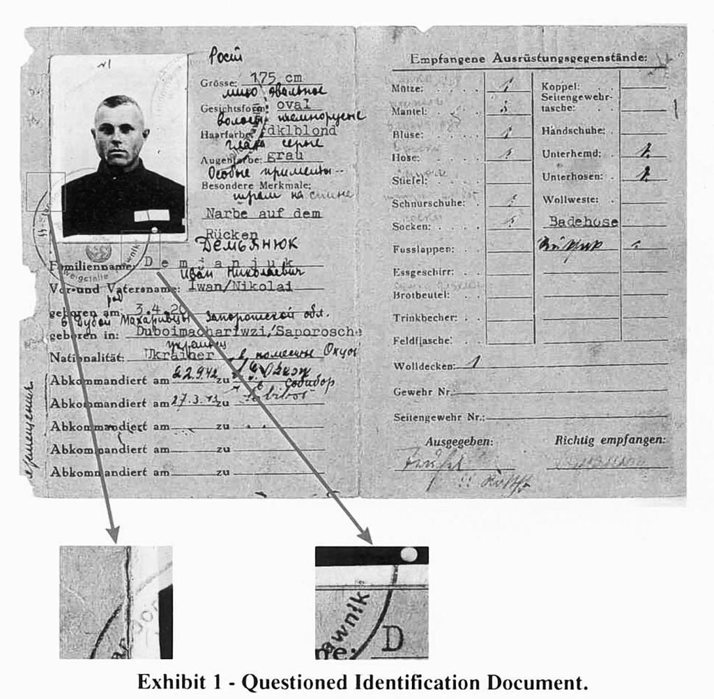 A World War II-era military service pass for John Demjanjuk is seen in this exhibit released by the Department of Justice in Washington, Thursday, Feb. 21, 2002. (AP Photo/Department of Justice, HO)