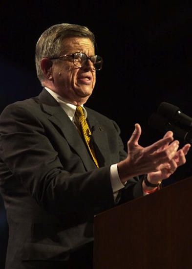 In this Aug. 2, 2000 file photo, Charles Colson bears testimony at a conference for evangelical Protestants at Amsterdam's RAI congress center. Colson, the tough-as-nails special counsel to President Richard Nixon who went to prison for his role in a Watergate-related case and became a Christian evangelical helping inmates, has died. He was 80. Jim Liske, chief executive of the Lansdowne-based Prison Fellowship Ministries that Colson founded, said Colson died Saturday, April 21, 2012. (AP Photo/Peter Dejong, File)