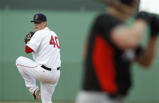 Boston Red Sox Andrew Bailey pitches agains the Miami Marlins in a spring training game before his injury.