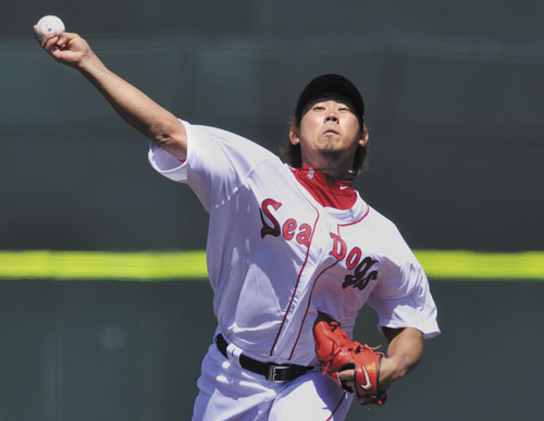 LOOKING GOOD: Daisuke Matsuzaka makes a rehab assignment start for the Portland Sea Dogs in a game against the Reading Phillies on Saturday in Portland. Matsuzaka went 4 2/3 innings, allowing three hits while striking out seven and walking two in a 9-1 win.