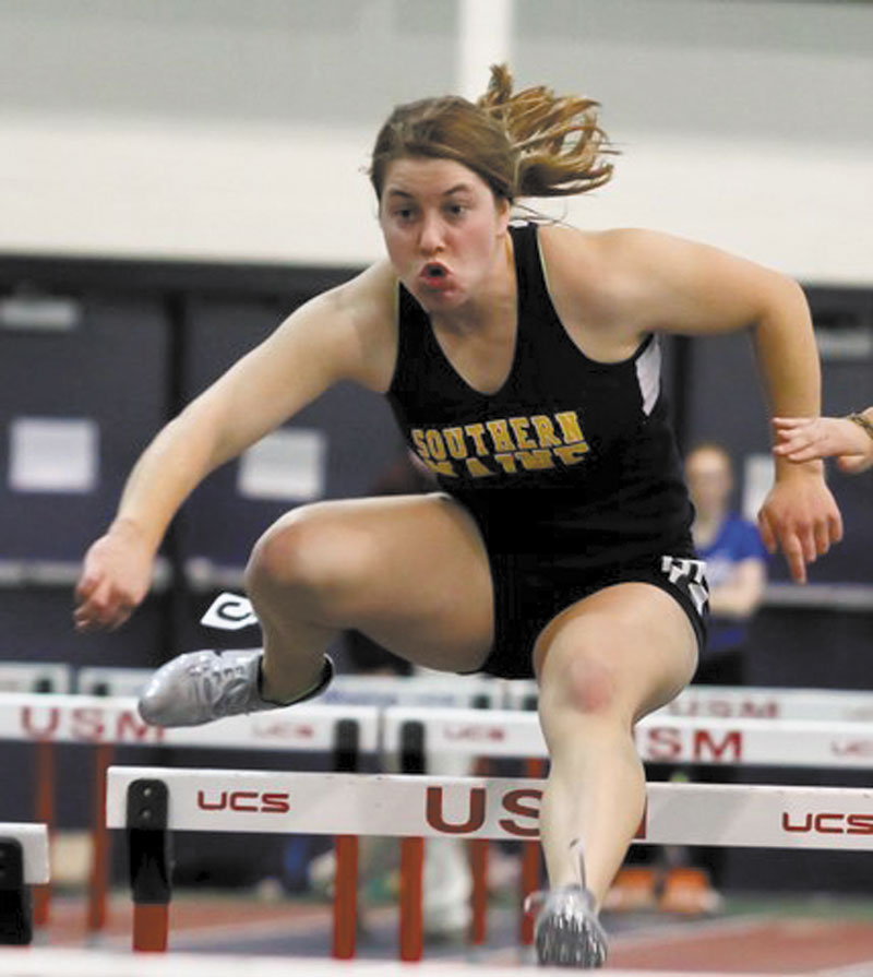 QUICK RECOVERY: Cony High School graduate Bethany Dumas was hit by a car while bicycling near the University of Southern Maine campus in Gorham on March 8. Dumas quickly recovered and returned to compete for the Huskies during her senior season.