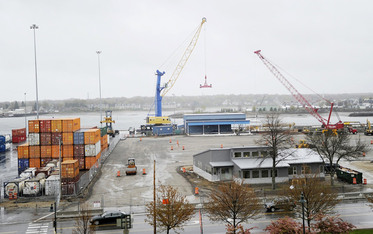 Containers await transport at the International Marine Terminal in Portland today.