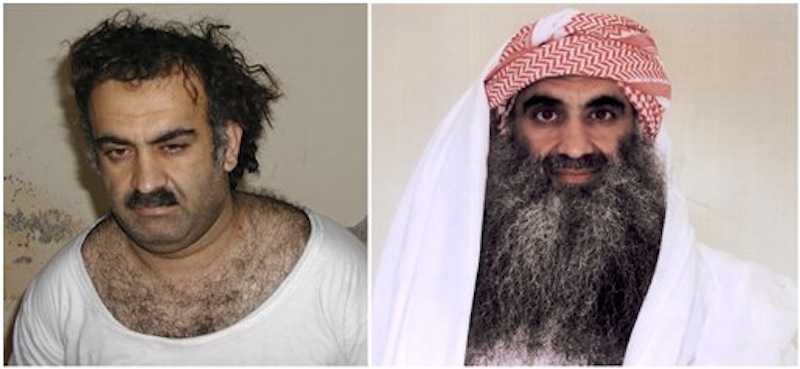 At left a March 1, 2003 photo obtained by the Associated Press shows Khalid Sheikh Mohammed, the alleged Sept. 11 mastermind, shortly after his capture during a raid in Pakistan. At right, a photo downloaded from the Arabic language Internet site www.muslm.net and purporting to show a man identified by the Internet site as Khalid Sheik Mohammed, the accused mastermind of the Sep. 11 attacks, is seen in detention at Guantanamo Bay, Cuba. The picture was allegedly taken in July 2009 by the International Committee of the Red Cross (ICRC) and released only to the detainee's family under a new policy allowing the ICRC to photograph Guantanamo inmates, ICRC spokesman Bernard Barrett said Wednesday, Sept. 9, 2009. Five men accused of orchestrating the Sept. 11 attacks, including the self-proclaimed mastermind, are headed back to a military tribunal at Guantanamo Bay more than three years after President Barack Obama put the case on hold in a failed effort to move the proceedings to a civilian court and close the prison at the U.S. base in Cuba. (AP Photo/www.muslm.net)
