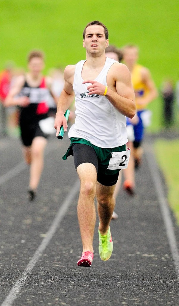 GETTING THE WIN: Winthrop’s Kameron Souza runs the anchor leg for Winthrop’s 4x800 meter relay team during the Mountain Valley Conference track and field meet Friday at Alumni Field in Augusta. Winthrop finished second in the race. Souza won the 800 in a time of 2:02.84.