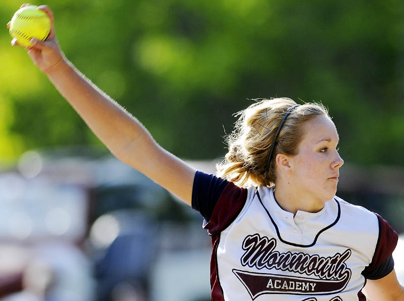 Staff photo by Andy Molloy PERFECT: Monmouth Academy's Reen Kahl winds up a pitch Monday during a softball match up against Hall-Dale High School at Monmouth.