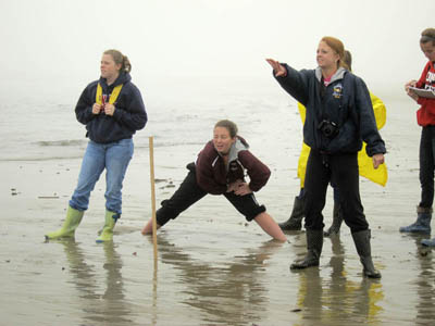 CALCULATING: Richmond High School students, from left, senior Lindsy Hoopingarner, junior Heather Brown and junior Noell Acord gather data on waves Wednesday at Popham Beach State Park. Students planned to compare data they collected with a computer’s analysis of video they also shot.