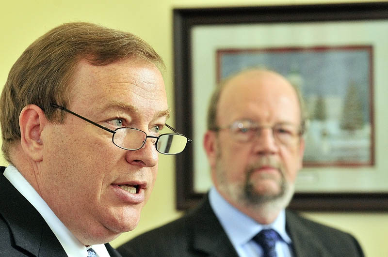 GOP leaders Senate President Kevin Raye, left, and Speaker of the House Robert Nutting announce a plan to close an $83 million gap at the Department of Health and Human Services through June 2013.