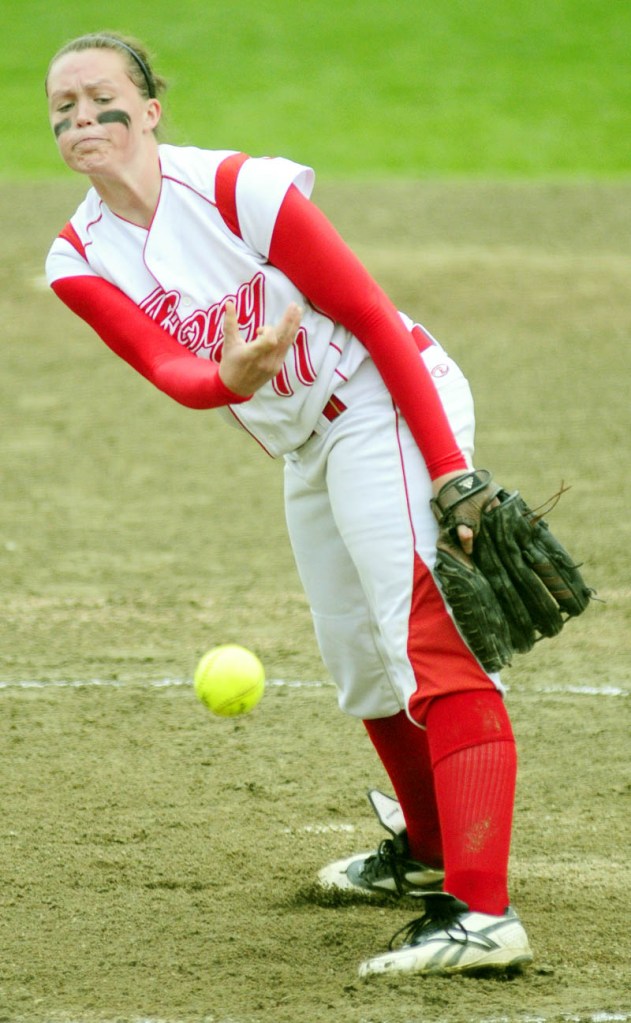 Staff photo by Joe Phelan Cony pitcher Sonja Morse throws to the plate during a game on Wednesday evening at Cony Family Field in Augusta.
