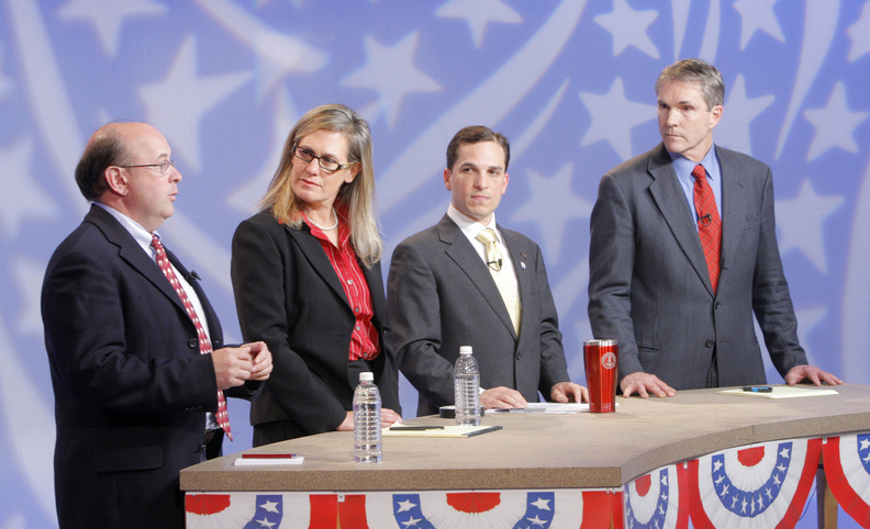 Democratic candidates for U.S. Senate, from left, Matt Dunlap, Maine Sen. Cynthia Dill, Benjamin Pollard and Maine Rep. Jon Hinck participate in a debate at WGME studios in Portland on Tuesday.