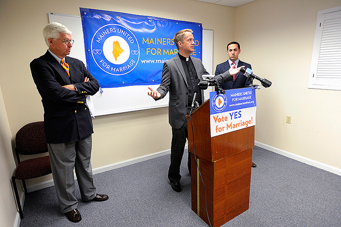 Michael Gray, center, the pastor of Old Orchard Beach United Methodist Church and the lead signer on the citizens initiative speaks during the Mainers United for Marriage press conference in Portland on Wednesday, June 20, 2012. To the left is John Paterson, the president of the board of directors for the ACLU of Maine and former deputy Maine Attorney General. To the right is Matt McTighe, campaign manager for Mainers United for Marriage.