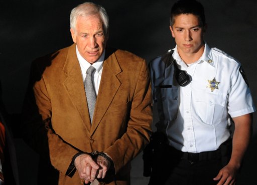 Jerry Sandusky leaves the Centre County Courthouse on Friday after being found guilty in his sexual abuse trial, in Bellefonte, Pa. Sandusky was convicted of sexually assaulting 10 boys over 15 years.