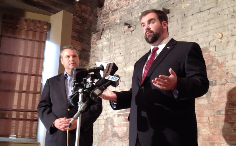 Patrick Calder, right, has conceded the race for the Republican nomination in Maine's U.S. House of Representatives 1st District to Jon Courtney, left. Above, Calder gives his concession speech at Pat's Pizza in Portland at a 3 p.m. joint press conference with Courtney.